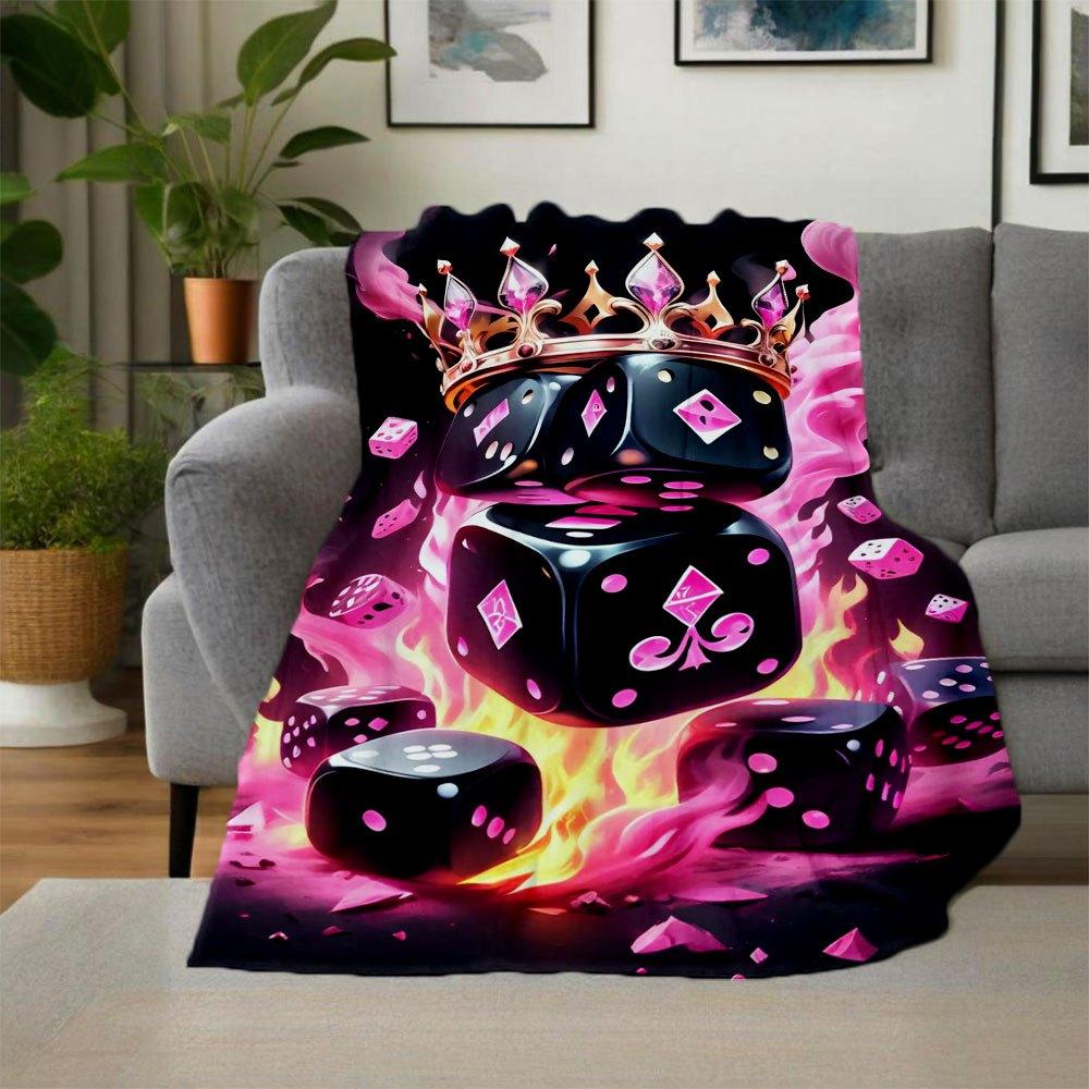"Royal Flush Dice Set: Luxury Crowned Gaming Pieces with Fiery Flames"Blanket Flannel Throw Blanket for Sofa, Bed, Travel, Camping, Office