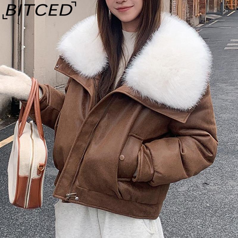 BITCED Women's Short Down Jacket with Oversized Fur Collar Winter Stylish Quilted Coat Thickened Outerwear American Style