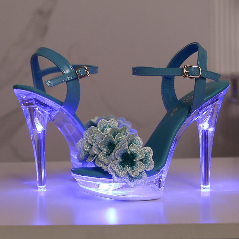Fashion Glowing Flower Sandals for Women 2025 New Summer Sexy 13cm High Heels Thin Waterproof Platform Shoes Elegant Versatile Design