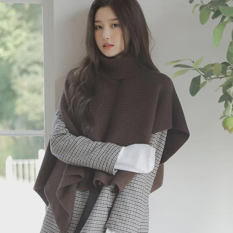 2024 South Korea Women's High Collar Shawl Cape: Cozy Knitted Winter Cloak