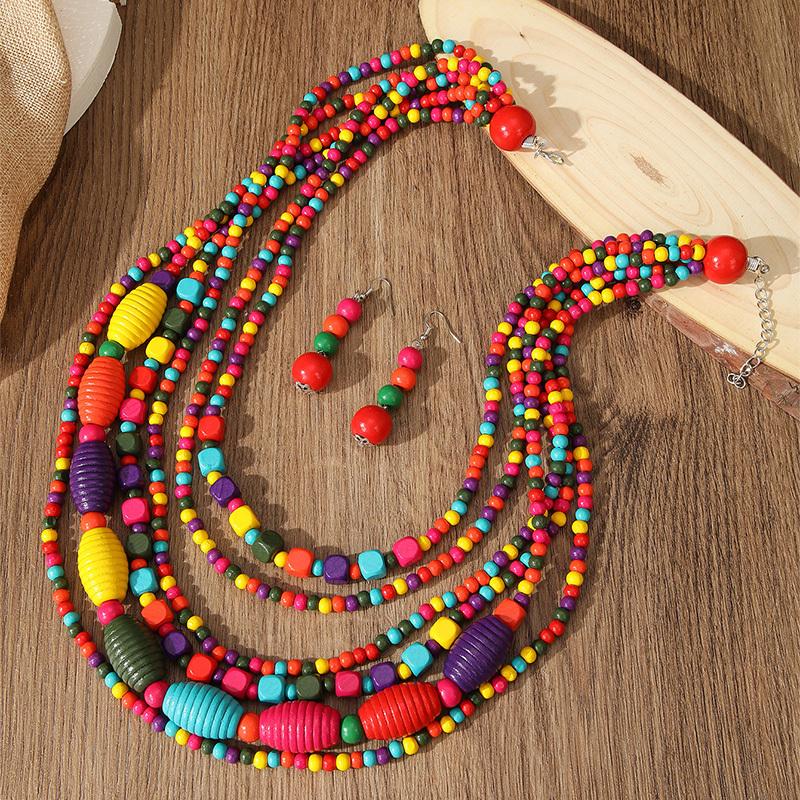 Afrikanisches Schmuckset Bohème Mehrschichtig Bunte Holzperlen Handgefertigte Perlenkette Und Ohrringe Für Damen Zubehör