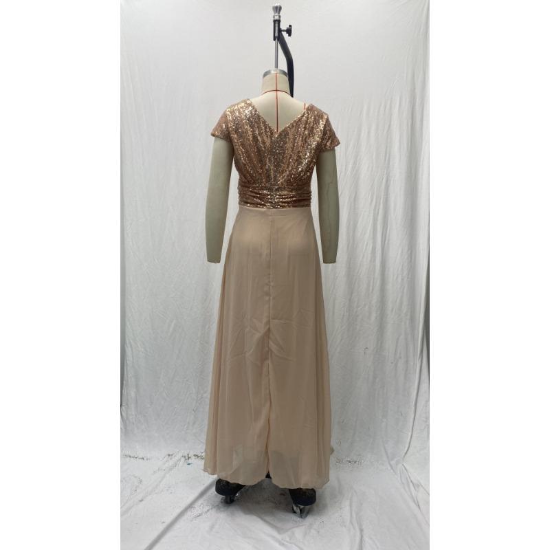 Summer New Foreign Trade Dress New V-neck Sequin Chiffon Patchwork Evening Dress Party Vacation Style Casual Dress