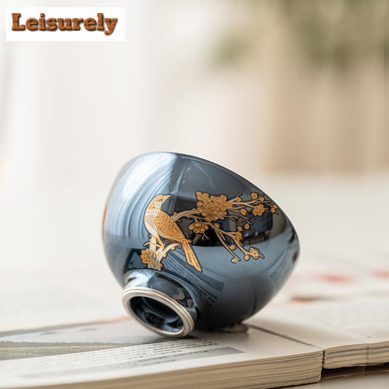 60 ml Stapelbare Keramik-Teetasse mit goldener Blume und Vogel, 999 vergoldetes Silber, Meditationstasse, kleine einzelne Meistertasse, Teeschale, Kung-Fu-Teeservice