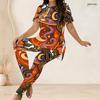 Women Plus Size Two Piece Set Round Neck Short Sleeve Cartoon Lamb Printed Top Fitted Long Pants