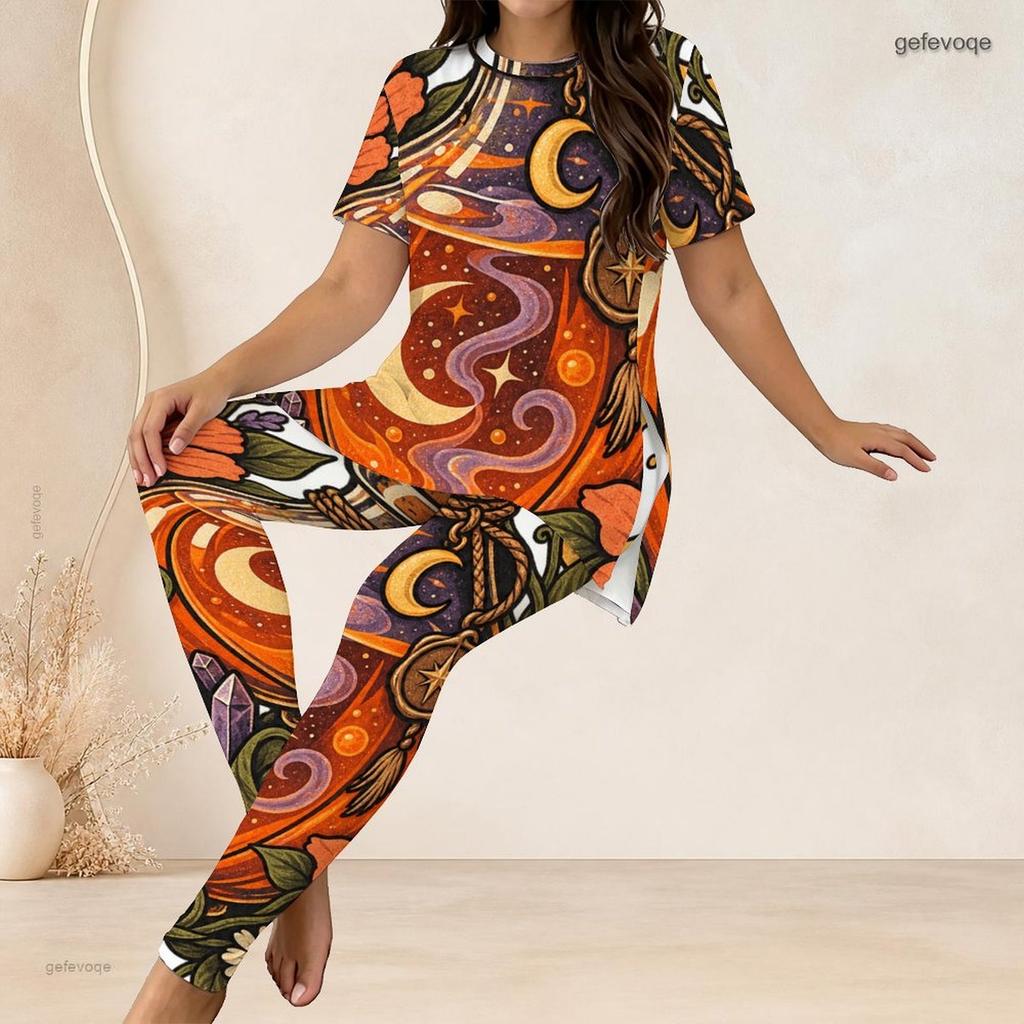 Women Plus Size Two Piece Set Round Neck Short Sleeve Cartoon Lamb Printed Top Fitted Long Pants