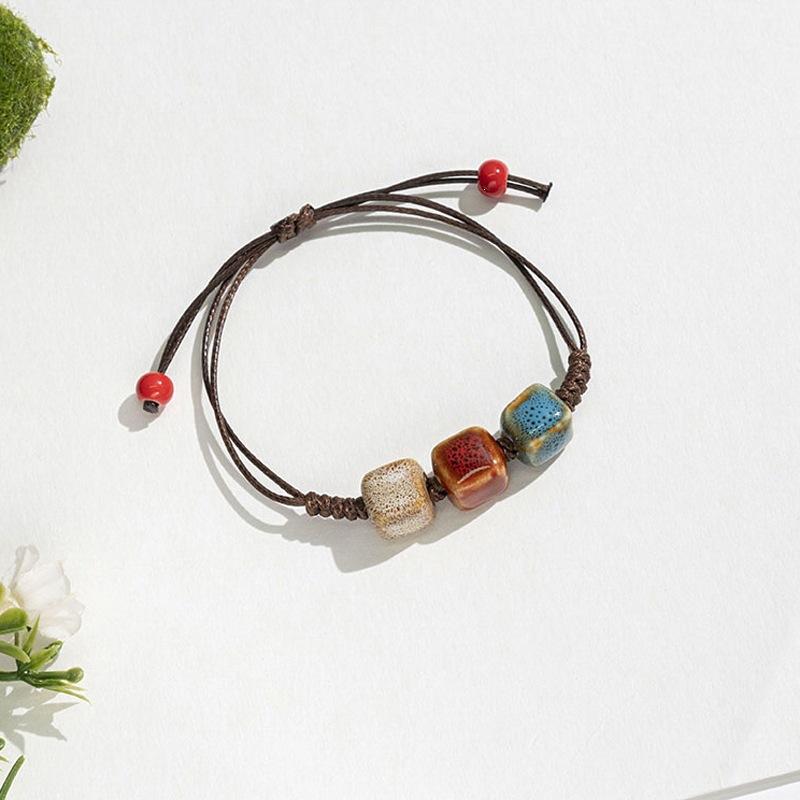 Retro ethnic style ceramic bracelet - Chinese-style colorful porcelain beads woven bracelet