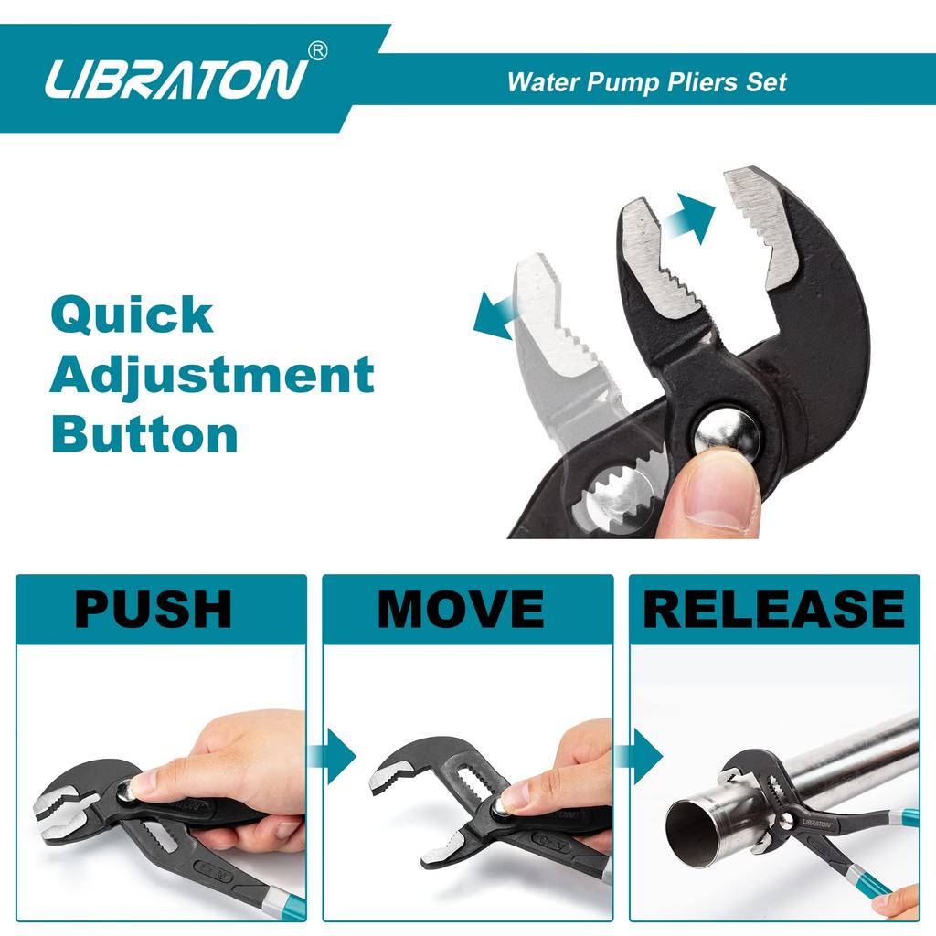 LIBRATON Water Pump Pliers Set of 3 175 240 300mm Steel Plier Wrench Plumbing Tool with Case CR-V