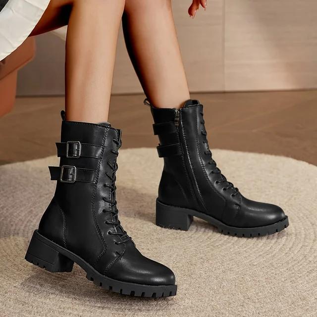 Women's Solid Minimalist Boots 2025 Winter Short Plush Shoes for Women Lace Up Chunky Heel Comfy Boots Versatile Mid Calf Boots