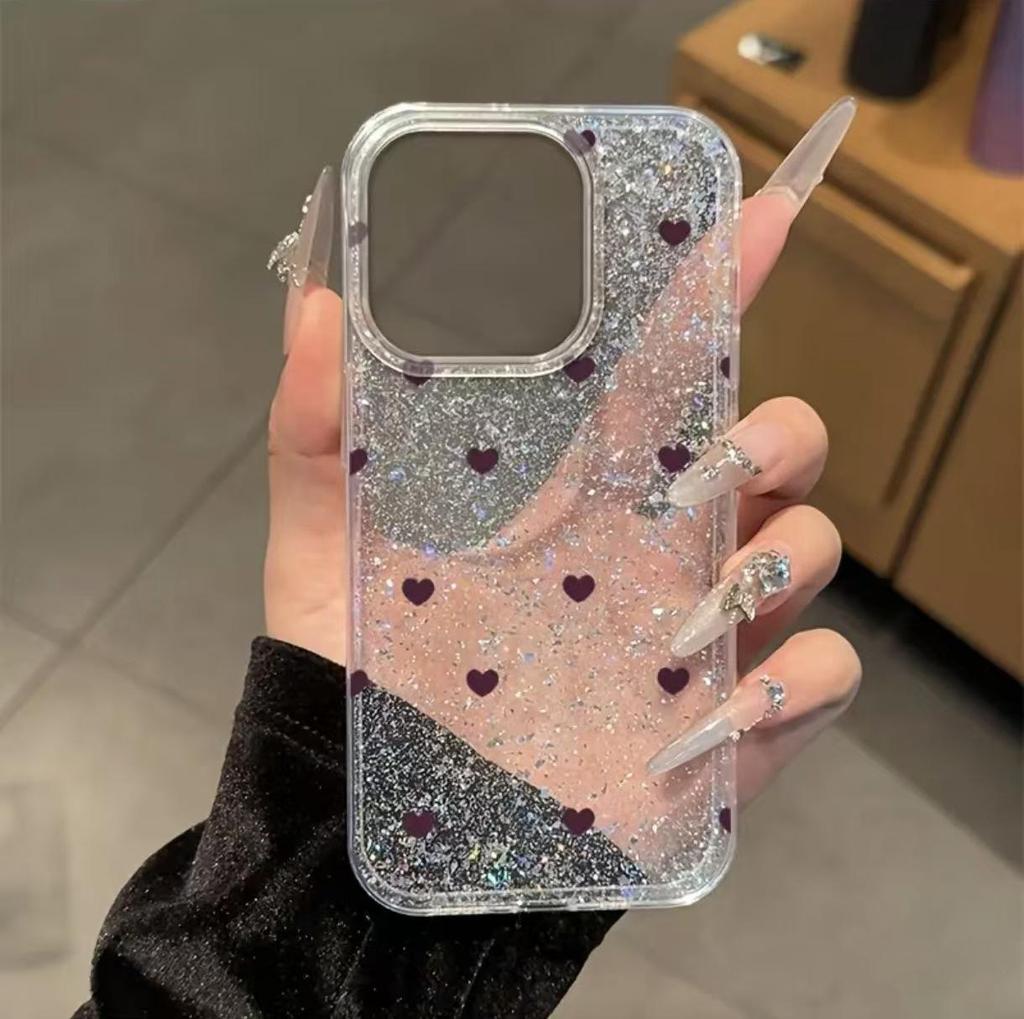 Glitter Heart Case for Apple 16 Pro Max and 15 Pro - Full Coverage, Cute Design.