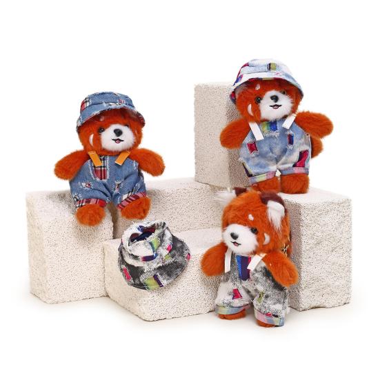 Plush Red Panda Keychain Denim Overalls Hat Stuffed Red Panda Key Ring Backpack Schoolbag Hanging Decoration Bag Charm Purse Pendant