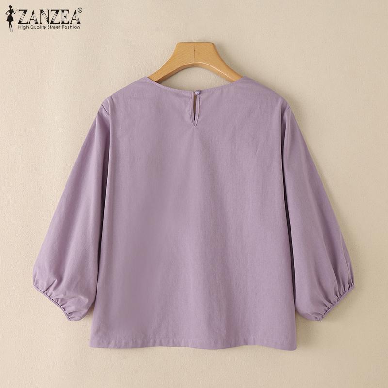 ZANZEA Women Loose Round Neck 3/4 Sleeve Casual Cover Up Blouse