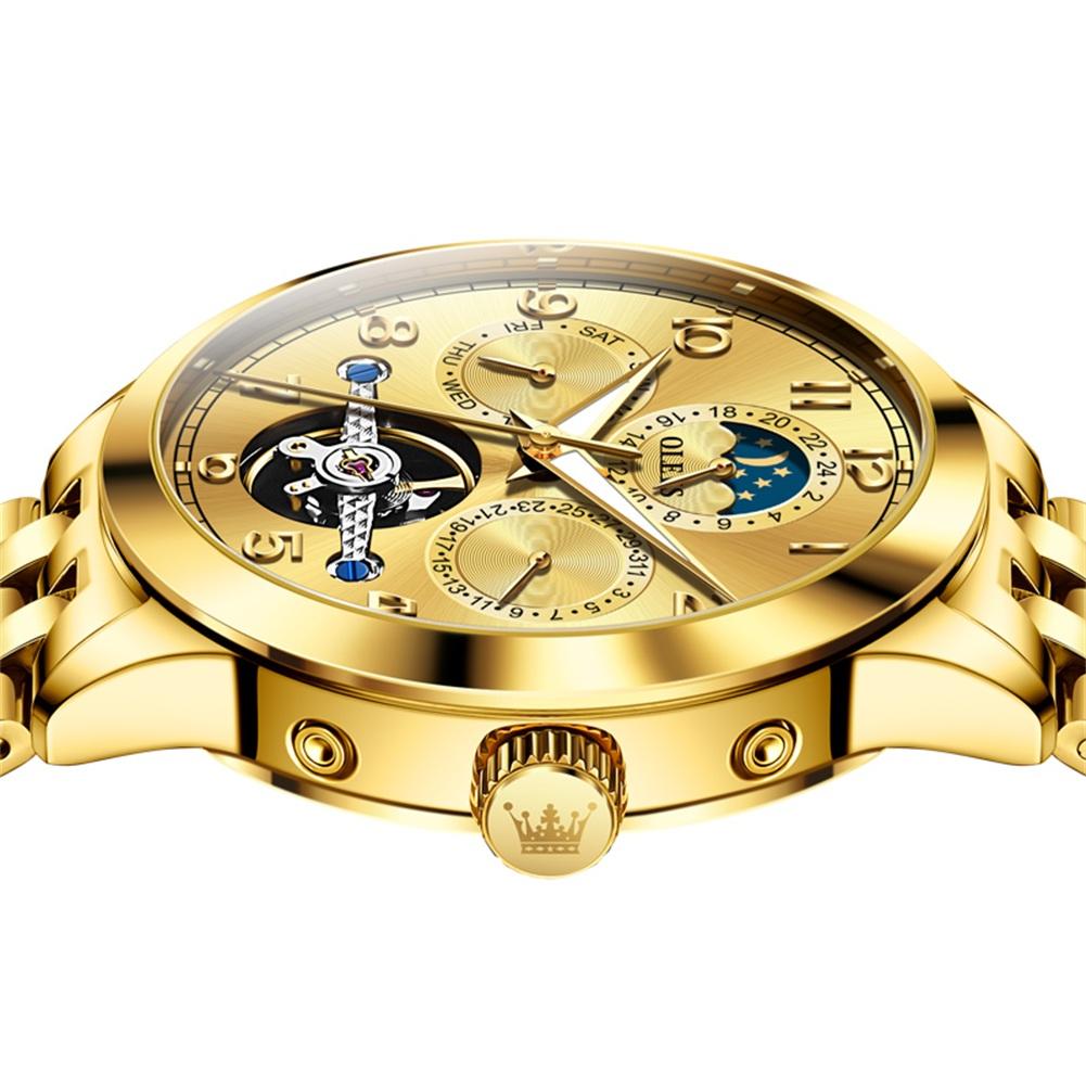 OLEVS ALL Gold Steel High Quality Tourbillon Men's Watches Luminous Moon Phase Automatic Mechanical Wrist Watch Men