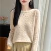Women Crewneck Floral Lace Knit Top Long Sleeve Soft Merino Wool Sweater Solid Color