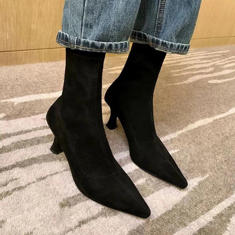 Vintage Women Ankle Boots Fashion Pointed Toe Shoes Spring Autumn High Heel Ladies Elegant Dress Stretch Slim Short Booties