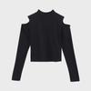 Women's Black Off-Shoulder Long Sleeve Crop Tops - Autumn/Winter High Collar Cotton Fashion T-Shirts