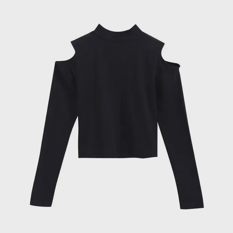 Women's Black Off-Shoulder Long Sleeve Crop Tops - Autumn/Winter High Collar Cotton Fashion T-Shirts