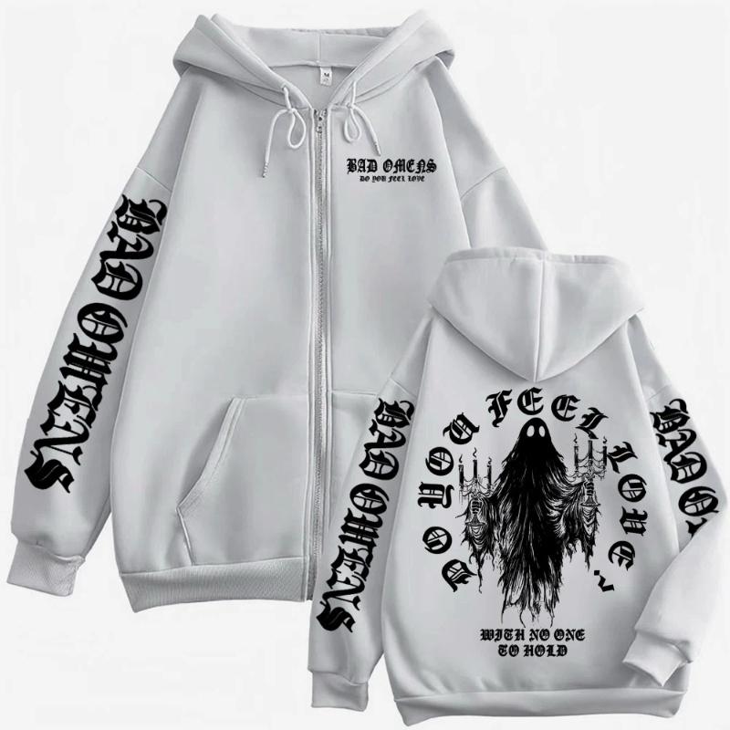 Bad Omens Do You Feel Love Ghost Reißverschluss Kapuzenpullover Herren Damen Gothic Lässig Zip-Up Kapuzenpullover Hochwertiges Fleece Sweatshirt Jacke Mantel