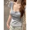 Spring/Summer Korean Style Lace Splice Square Neck Short Sleeve Women's T-Shirt