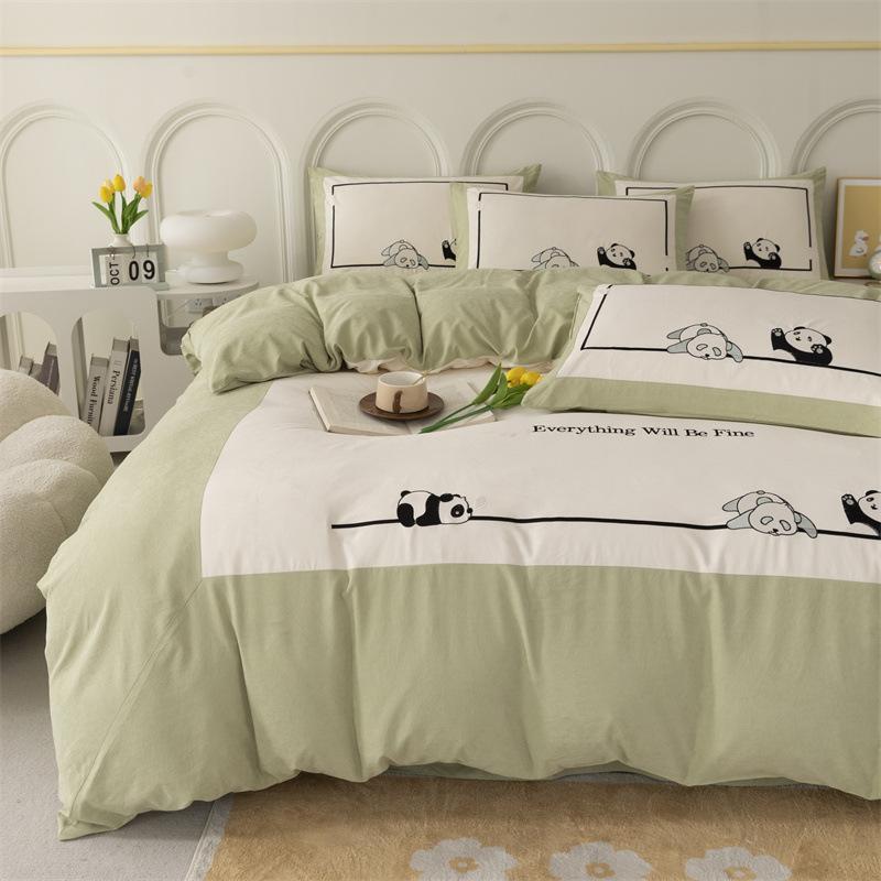 Leichte, luxuriöse Panda-Stickerei, große Ecke, passendes Bastelset, vierteiliges Set, Brokat-Baumwolle, hautfreundliches, weiches Bettlaken, Bettbezug, Bettwäsche