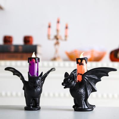 Halloween LED Fledermaus Kerzenlampe Flammenlose Flackernde Tischkerzenlampe Horror Schwarze Fledermaus Statue Kerzenständer für Innendekoration