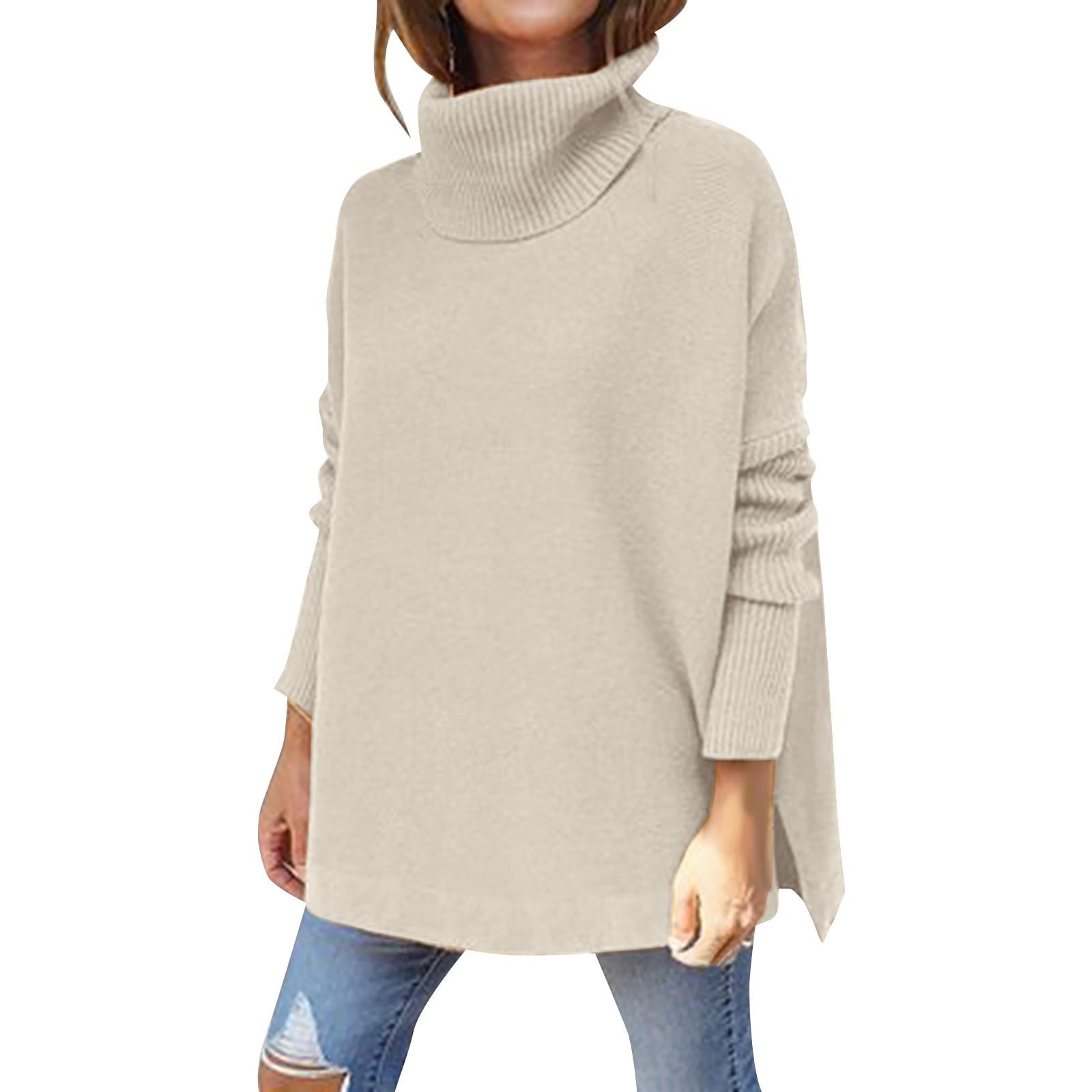 Women s High Neck Oversized Sweater Medium Long Sleeve Hem Waist Pullover Sweater Knitted Top XL бежевый