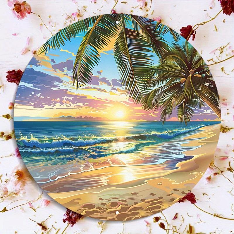 Tropical Beach Sunset with Palm Trees Round Metal Sign D Flat Printed Vibrant Ocean Waves Art Tin Plaque Colorful Coastal Dec 20x20cm(8x8inch)