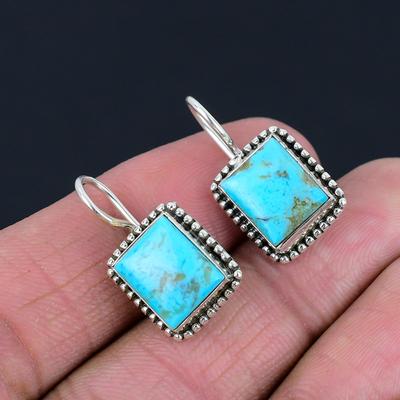 Blue Turquoise Gemstone Earrings Solid 925 Sterling Silver Handmade Square Shape Gemstone Earrings Jewelry Valentine's Day Gift For Her