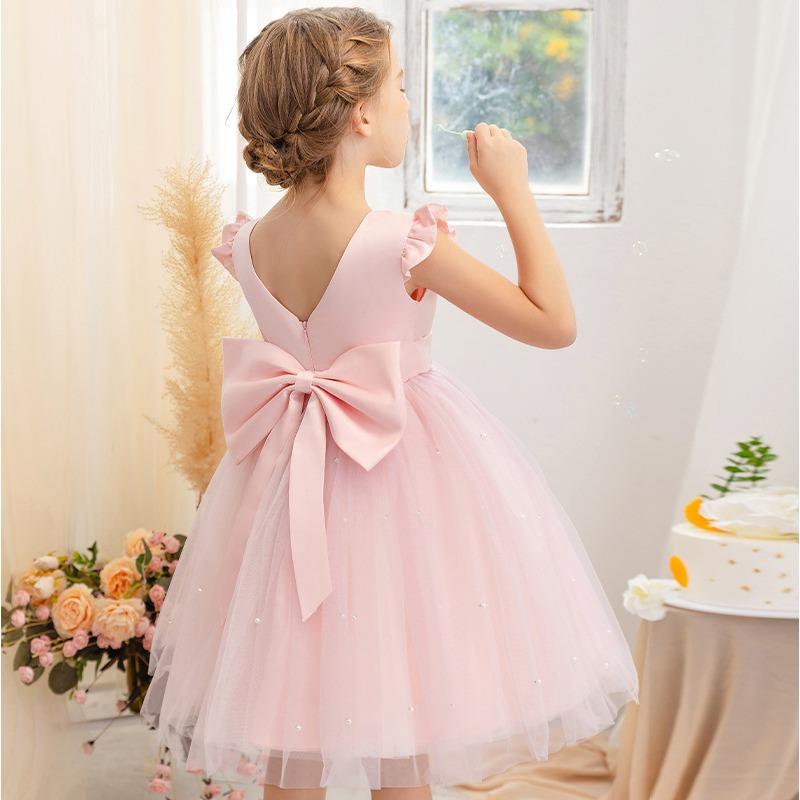 Girl Flower Birthday Tulle Dress Bow Wedding Kids Party Wear Princess Blue Dress Baby Bowknot Dresses