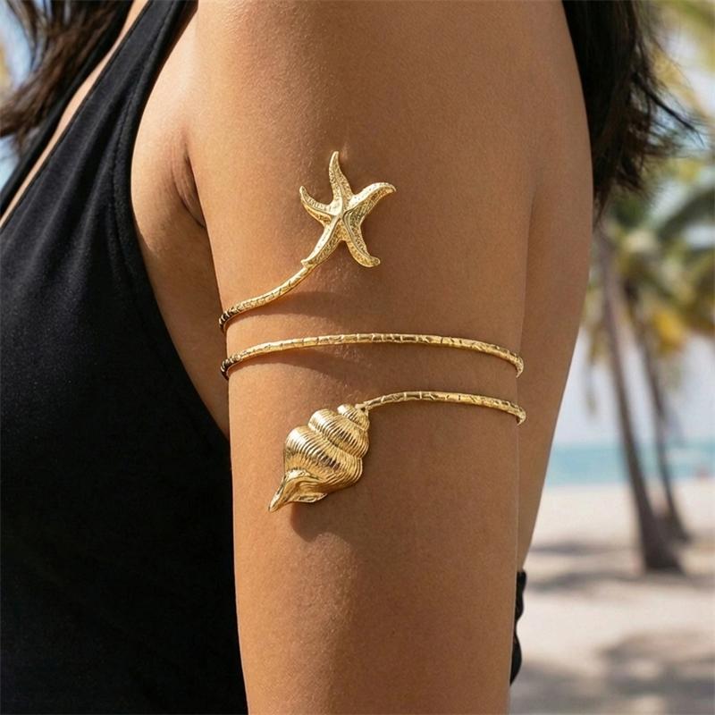 Vacation Style Gold Color Starfish Arm Cuff for Women Gold Color Scallop Upper Arm Adjustable Bracelet Bangle Beach Body Jewelry