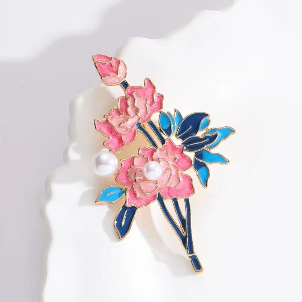 Chinese Style Peony Flower Corsages Pearl Enamel Pin Temperament Cloisonne Brooch  Casual Suit
