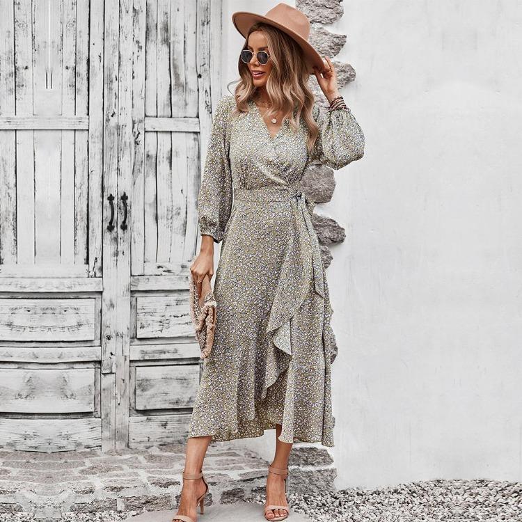 Floral Print Summer Dress Women A-line Casual High Waist Long Sleeve V Neck Bandage S-XL S хаки