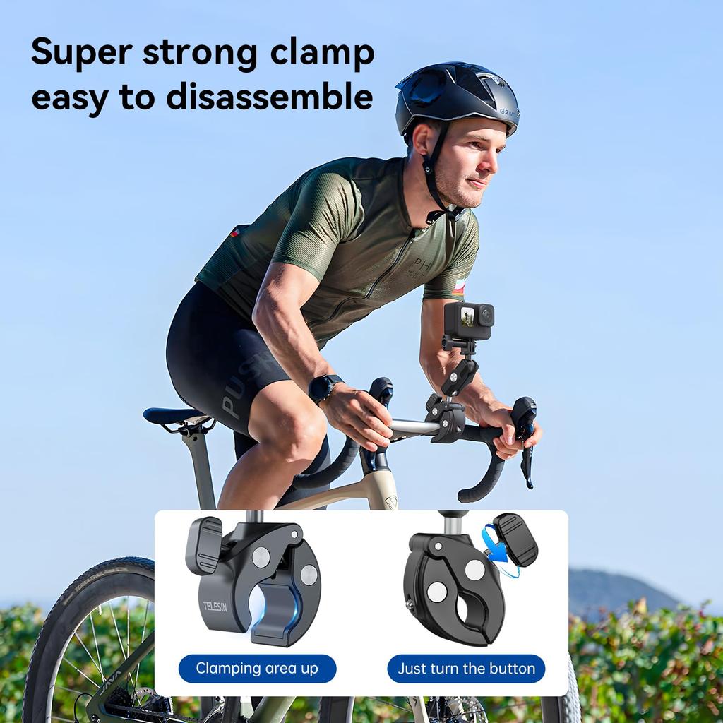TELESIN Rotating Claw Clamp Mount for Cycling and Double Ball Head with Clip Mount for Action Camera Gripper Compatible with GoPro Hero Insta360 DJI