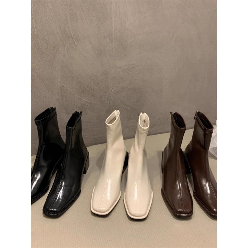 Skinny Thick Heel Thin Boots Women's Autumn and Winter 2024 New Velvet Square Head Retro Temperament Rear Zipper Short Boots