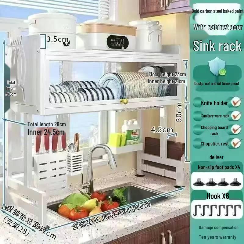 Multi-functional Kitchen Sink Cabinet Rack: Dustproof Countertop Storage for Bowls, Plates, and Dishes with Drainage.