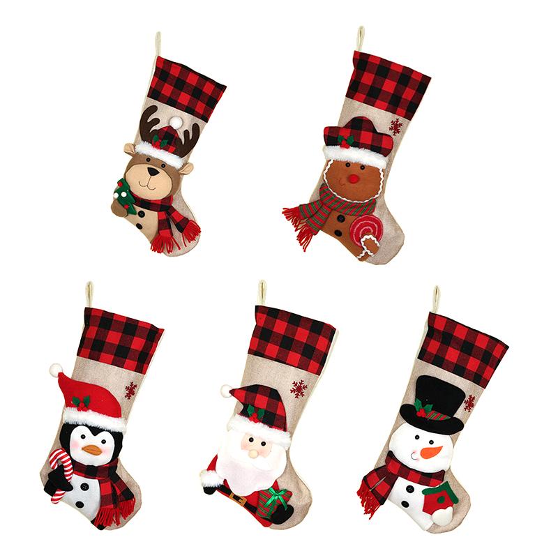 Christmas Stockings, Christmas Stocking Deer Santa Snowman Burlap Plaid Xmas Stocking Holiday Christmas Decoration For Family