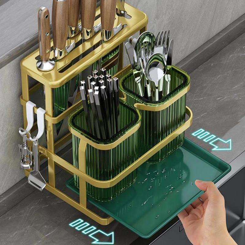 Wall Mounted Kitchen Cutlery Organizer Knife Spoon Fork Chopstick Drain Rack Drainer Utensil Kitchen Storage Punching Free