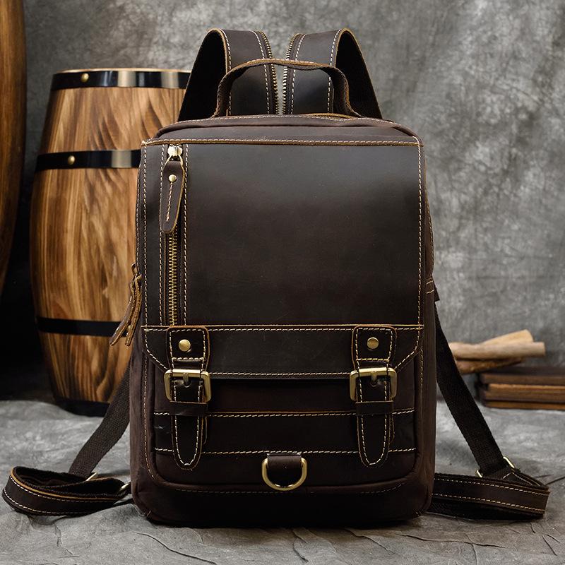 Vintage Crazy Horse Leather Men S Backpack Multifunctional Leather Student Backpack Outdoor Sports Breast Bag Cowhide Crossbody Bag 13inch