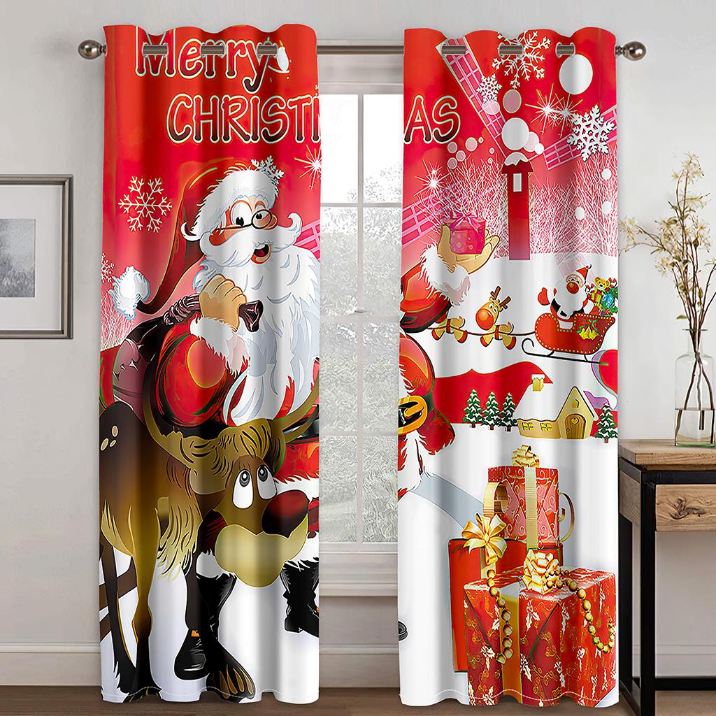 Christmas Decoration Curtain 3D Cartoon Santa Claus Christmas Tree Polyester Cloth Curtain Snowman Pattern Festive Atmosphere