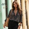 Ruffle V-Neck Shirt Women Top, Solid Color Casual Long Sleeve Office Wear Blouse Pullover Shirt, Retro Pleated Loose for Autumn Classic Fall Top