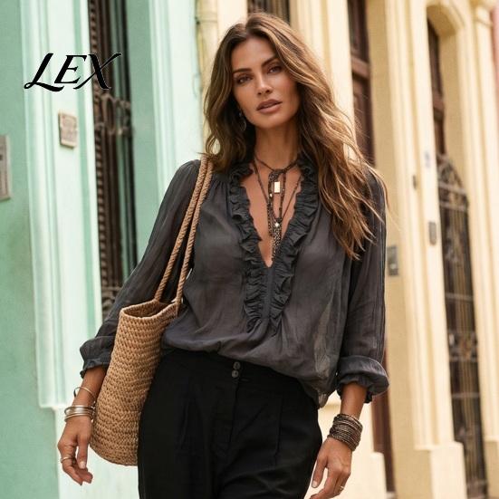 Ruffle V-Neck Shirt Women Top, Solid Color Casual Long Sleeve Office Wear Blouse Pullover Shirt, Retro Pleated Loose for Autumn Classic Fall Top