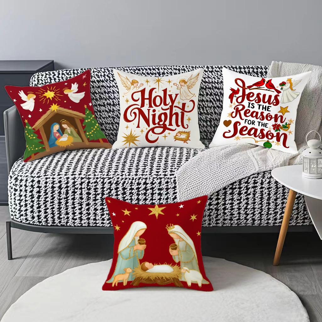 New Christmas Festival Atmosphere Linen Jesus Cartoon Print Living Room Bedroom Cushion Cover Digital Printing