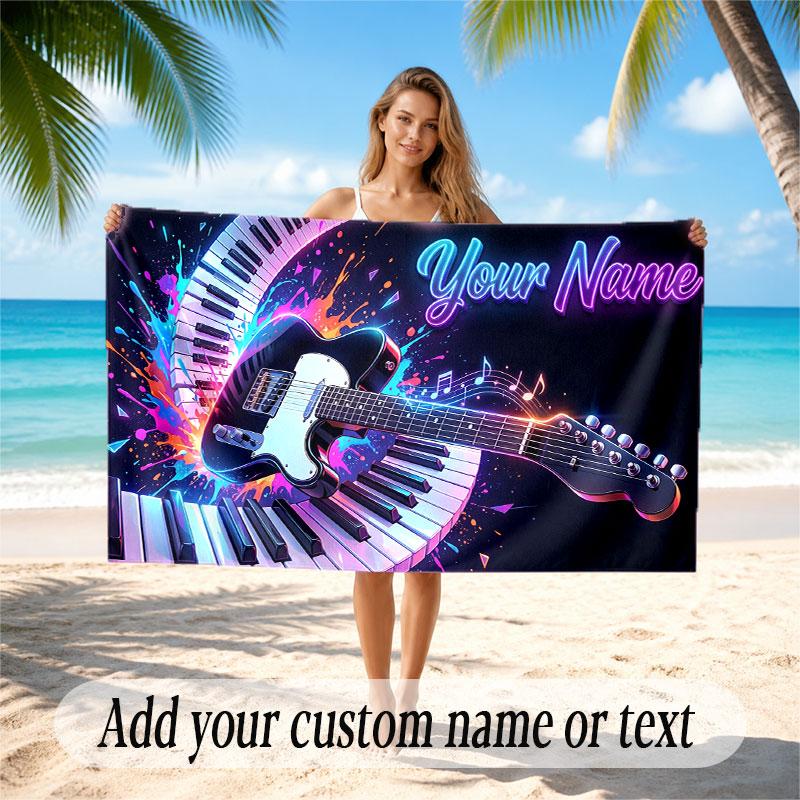 Music Guitar Theme Beach Towel Personalized Custom Name & Text Soft Quick Dry Beach Towel for Swimming Travel