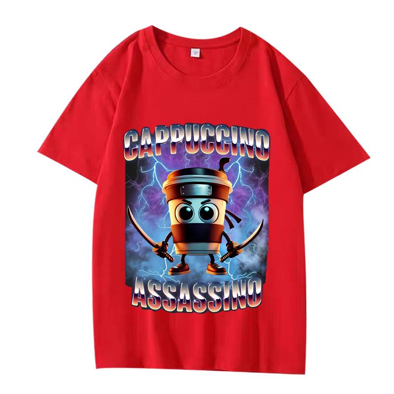Итальянская футболка Brainrot Cappuccino Assassino мужская женская Оверсайз 100% Хлопок стритвир с коротким рукавом Летний принт Унисекс XS