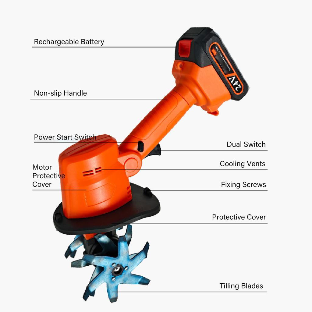 Cordless Tiller Cultivator Battery Powered Garden Cultivator Mini Tiller for Weeding Battery Charger Included 100-240V
