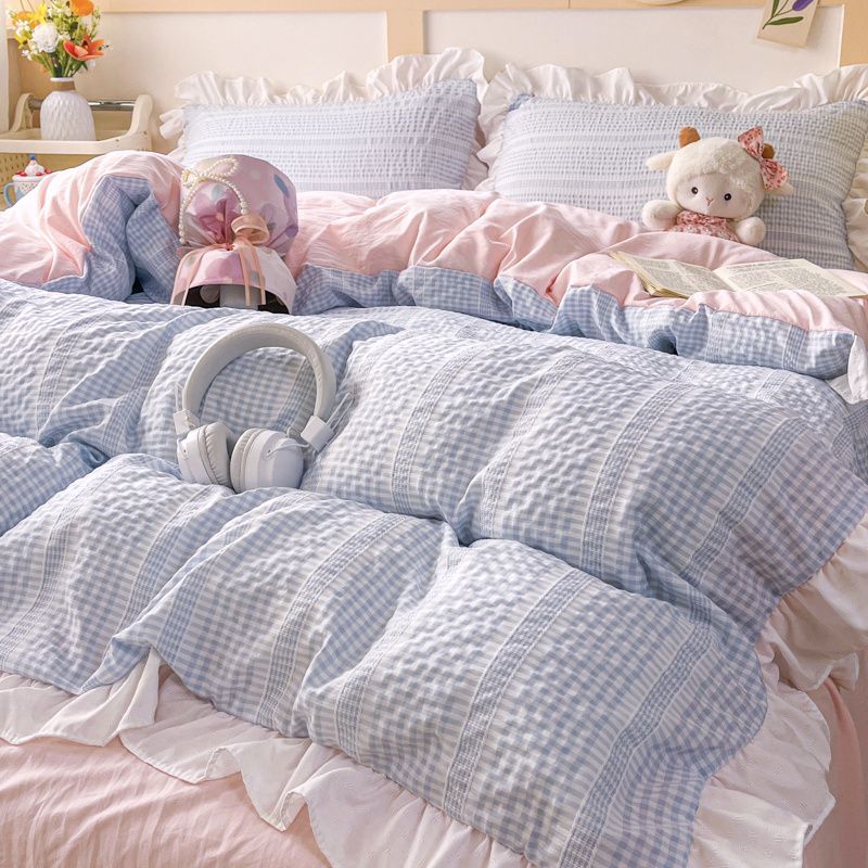Ins Princess Style Bedding Sets Ruffle Blue Pink Girls Quilt Cover Romantic Bed Sheet Set Duvet Cover With Pillowcases 4pcs