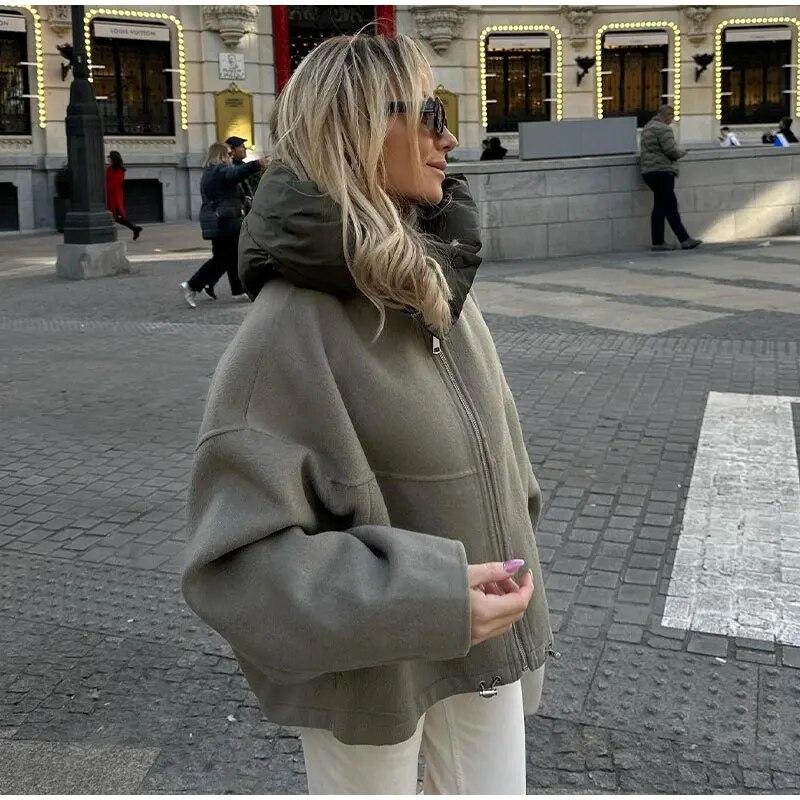 Casual Loose Women Hooded Detachable Cap Crewneck Double-sided Jackets Patchwork Zipper Long Sleeved Warm Coats Autumn Winter Lady Street Outerwear