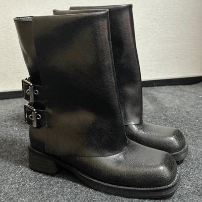 Women Burst Pattern Short Boots Autumn And Winter New Retro Square Toe Pants Boots British Style Buckle Boots