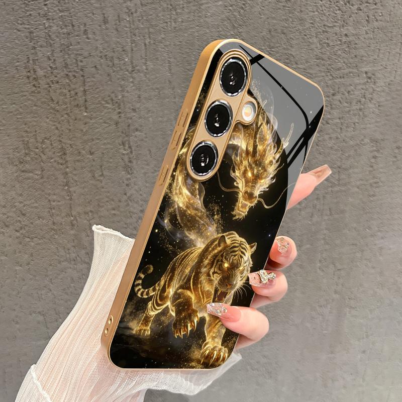 Dragon Tiger Leaping Pattern 2D Phone Case for Samsung S26 S25 S24 S23 S22 S21 S20 A56 A55 A36 16 Gold Glass Protective Cover