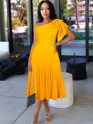 Women Pleated Midi Dresses One Shoulder Ruffles High Waist Elegant A Line Summer Chic African Gowns for Event Party Birthday