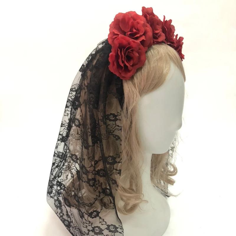 1PC Halloween Simulation Flower Cosplay Prop For Women Girls Headwear Costume Cosplay Rose Headband Lace with Black Veil